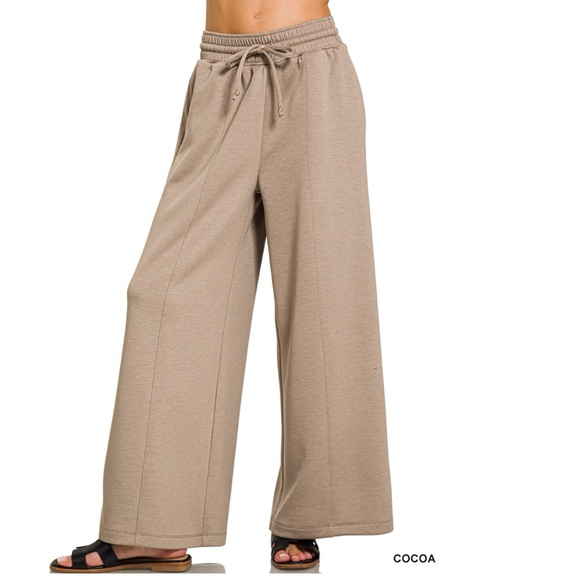Zenana Scuba Drawstring Ash Cocoa Wide-Leg Pants - Picture 2 of 3